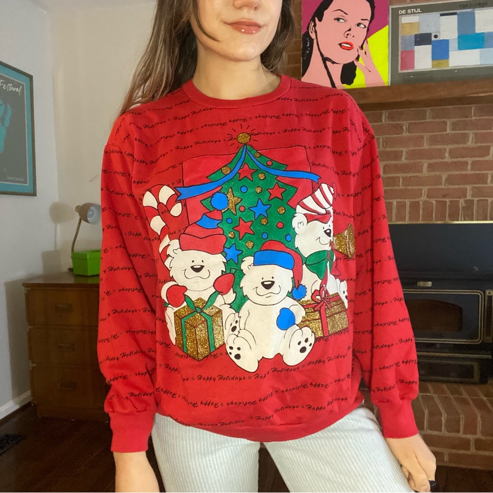 Vintage 90s Teddy Bear Happy Holidays Ugly Christmas Crewneck Sweatshirt…